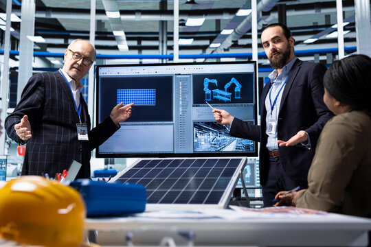 Factory businessmen doing sales presentation for shareholders, showing solar panel solutions. Industrial plant managers showcase product innovations in sustainable energy sector in front of investors