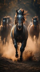 Horses galloping through dusty terrain during a golden hour, showcasing strength and beauty in motion