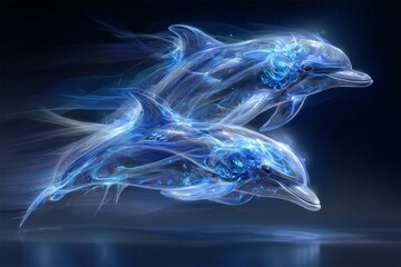 On a cloudy day, two dolphins leap from the water close to the shore