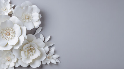 Handmade paper flowers arranged on a gray background, offering a unique and artistic decorative element