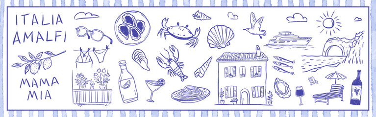 Amalfi coast summer vacation set with seafood, balcony, lobster, house, seagull, yacht and pasta. Coastal lifestyle reflecting travel Italia spirit. Vector illustration in hand drawn crayon sketch.