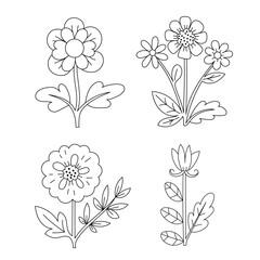 Cute flower bouquet set in doodle style for kids coloring. Hand-drawn floral vector illustration with simple spring flowers and leaves