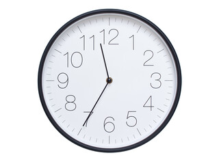 Simple wall clock with black frame and white face displaying 11:35 or 23:35. Ideal for time, schedule, and punctuality themes.