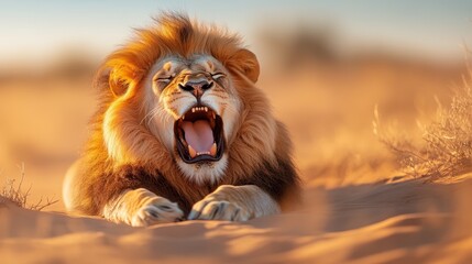 A breathtaking image of a majestic lion yawning against a beautifully blurred savanna background, representing the raw beauty and power of wildlife in nature.