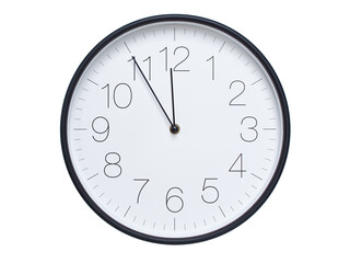 Simple wall clock with black frame and white face displaying 11:55 or 23:55. Ideal for time, schedule, and punctuality themes.