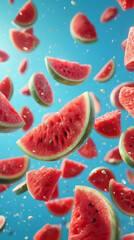 Juicy watermelon slices falling against a vibrant blue backdrop, creating a refreshing summer scene