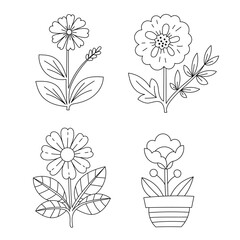 Hand-drawn flower set with potted plant and leafy blooms. Cute floral coloring vector for kids and spring design projects