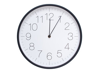 Simple wall clock with black frame and white face displaying 00:05 or 12:05. Ideal for time,...