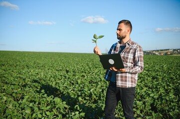 Young handsome agriculture engineer squatting in soybean field with laptop in hands in early summer