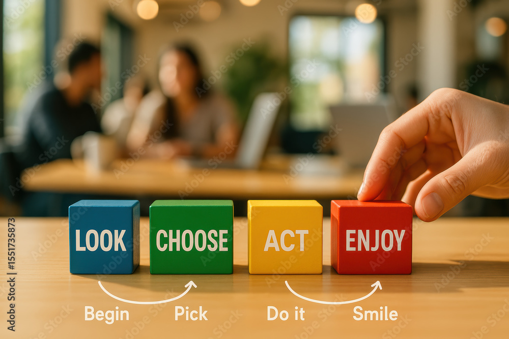 Poster a arranges colorful blocks symbolizing decision choice action and satisfaction in a collaborative wo