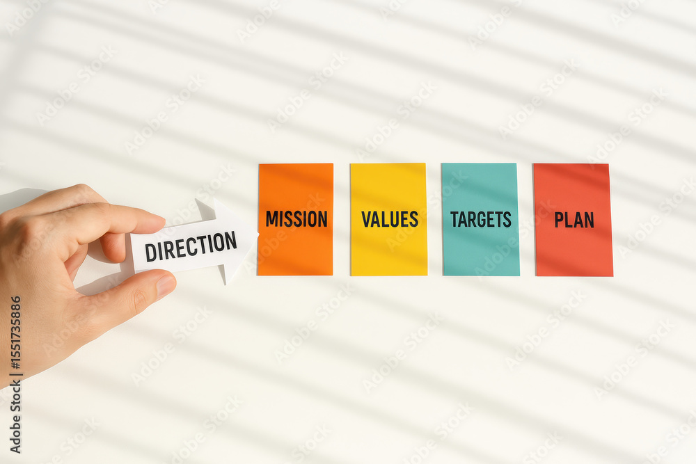 Poster a left points a paper arrow labeled direction toward a neat row business cards representing mission 