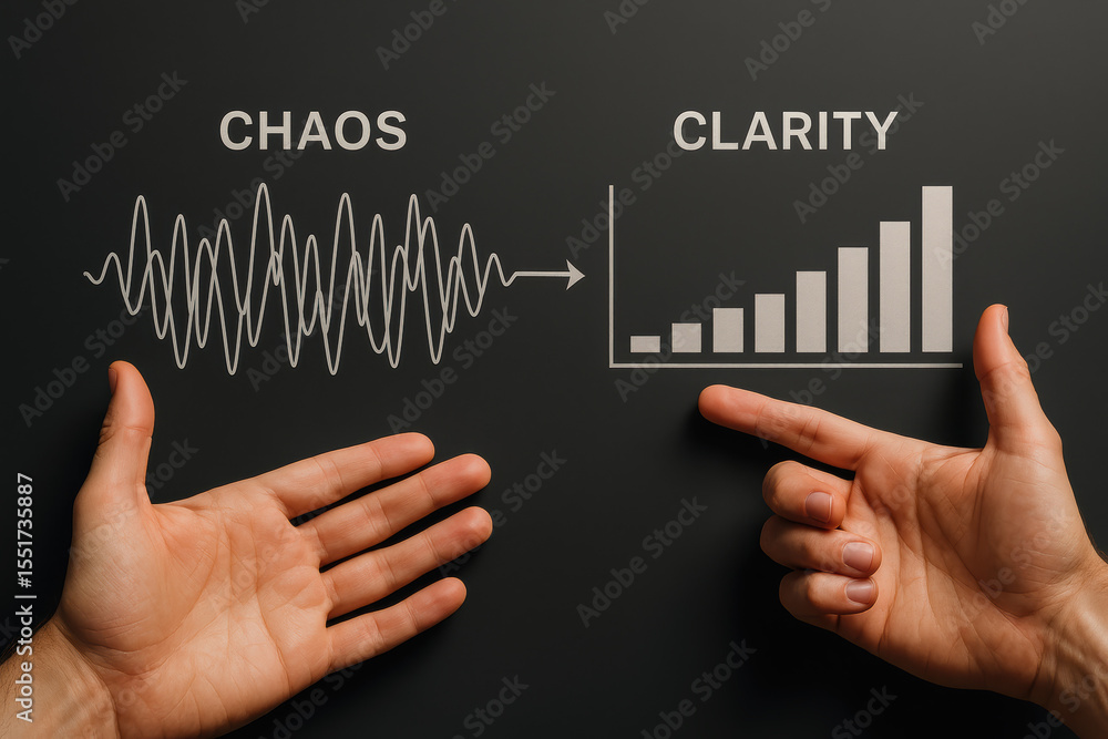 Poster a concept transforming complex oscillating patterns into clear understandable progress illustrates h