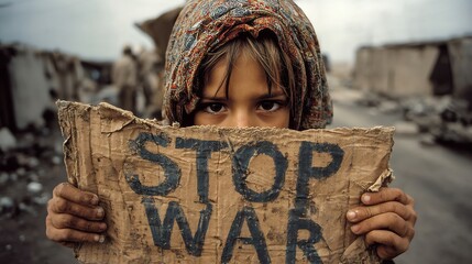 Child Holding "STOP WAR" Sign in Anti - War Protest
