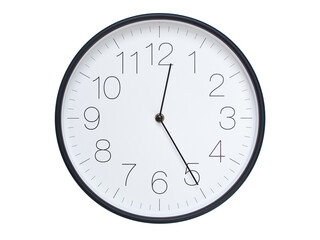 Simple wall clock with black frame and white face displaying 00:25 or 12:25. Ideal for time, schedule, and punctuality themes.