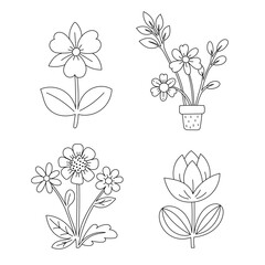 Cute spring flower doodles with potted blooms and playful shapes. Hand-drawn floral vector for kids coloring and craft projects