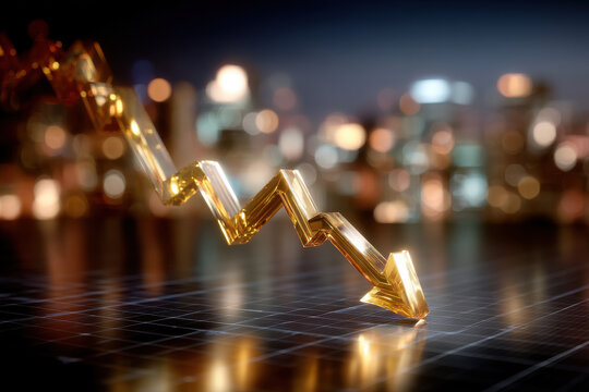 Golden arrow graph financial decline downward trend stock market business loss economic downturn city lights bokeh background