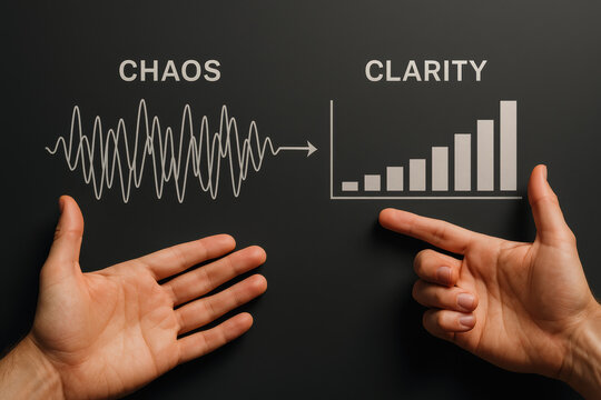 A concept transforming complex oscillating patterns into clear understandable progress illustrates how chaos can lead to clarity in business processes