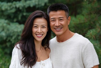 Fototapeta premium an Asian couple smiling, with the woman in white and her husband wearing light gray short sleeves