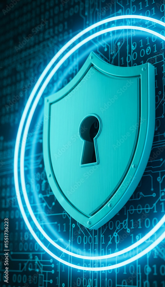 Poster teal shield with keyhole, encircled by glowing neon ring, set against binary code background, symbol