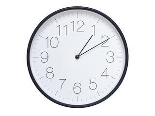 Simple wall clock with black frame and white face displaying 01:10 or 13:10. Ideal for time, schedule, and punctuality themes.