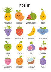Fruits poster, collection of fruits educational cards for preschool, kindergarten. Learning fruits activity, game, vocabulary for kids in English. Learning material for homeschooling, teaching.