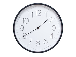 Simple wall clock with black frame and white face displaying 01:40 or 13:40. Ideal for time, schedule, and punctuality themes.