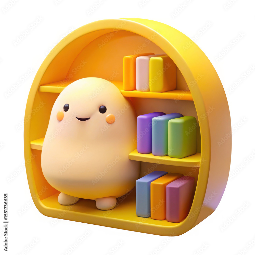Poster cute blob character sitting on a yellow shelf with colorful books isolated on transparent background