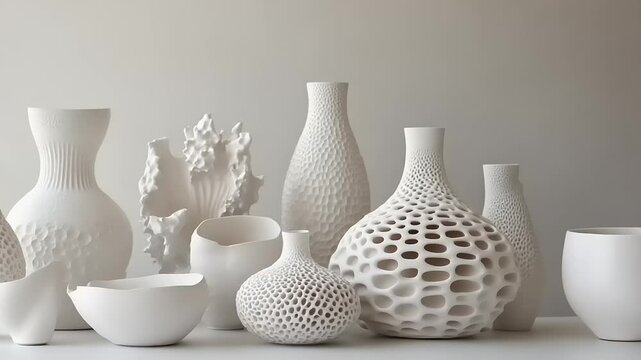 A collection of intricately designed white ceramic vases and bowls arranged artistically on a shelf