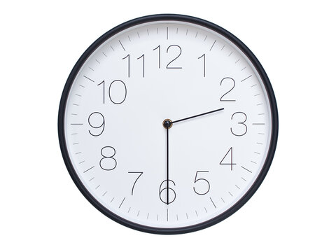 Simple wall clock with black frame and white face displaying 02:30 or 14:30. Ideal for time, schedule, and punctuality themes.