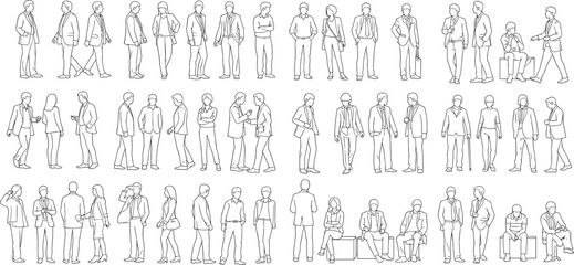 Business people vector outline, walking, standing, sitting, professional poses, office character sketch, black line art illustration set

 flat vector illustration