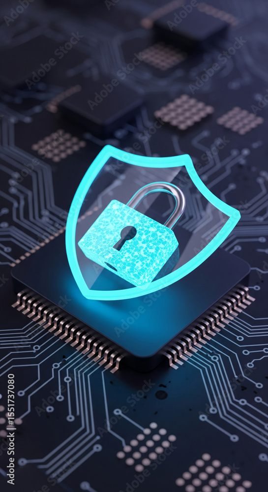 Poster cybersecurity concept image showing glowing blue padlock inside shield on microchip, symbolizing dig