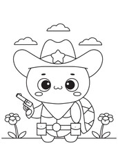 Coloring book turtle dressed as a cowboy ready for wild west adventures