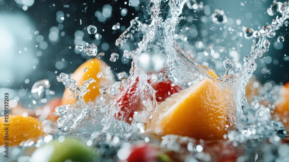 Poster vibrant fruits create a dynamic splash in water, emphasizing freshness and vitality in a visually st