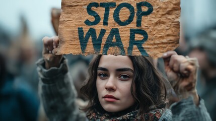 Child Holding "STOP WAR" Sign in Anti - War Protest