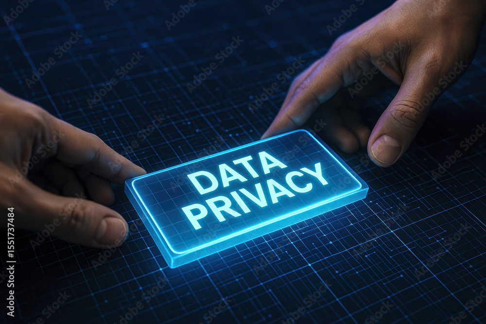 Aufkleber the illustrates the concept data protection and control showing hands securing a glowing digital til