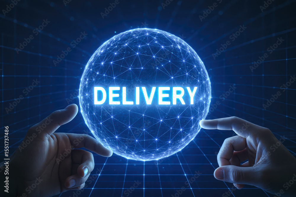 Poster the concept efficient delivery is visualized through two hands interacting with a glowing digital sp