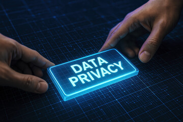 The illustrates the concept data protection and control showing hands securing a glowing digital tile labeled with privacy over an advanced technological interface