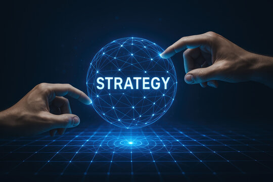 In a futuristic digital interface two hands manipulate a glowing globe symbolizing strategic planning and networked business insight