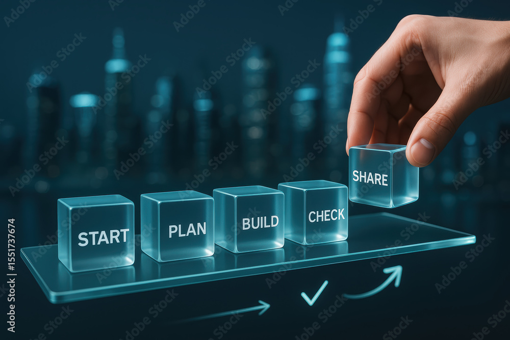 Poster a arranges translucent glass blocks representing phases project workflow illustrating growth and col