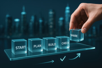 A arranges translucent glass blocks representing phases project workflow illustrating growth and collaboration in a business setting
