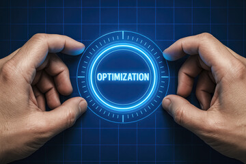 A close-up two hands adjusting a glowing digital dial that symbolizes optimization and control in business strategy