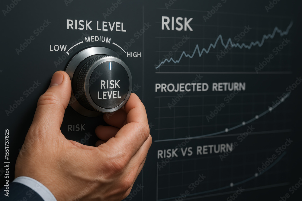 Poster adjusting the risk level on a digital dashboard illustrates the balance between potential returns an