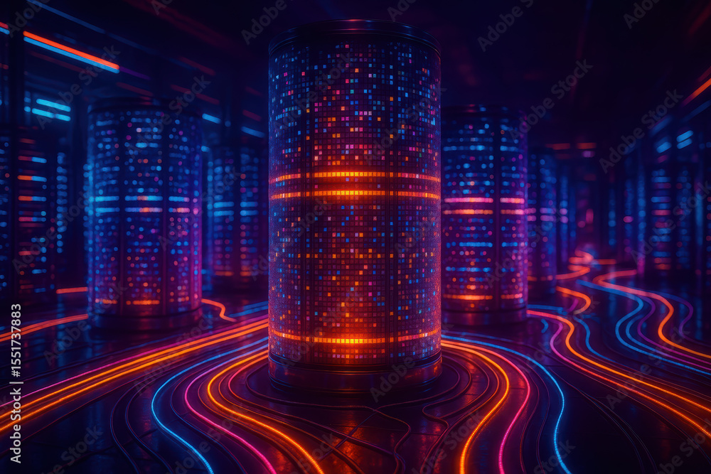 Poster innovation fuels progress as glowing cylinders represent dynamic data within a vibrant server farm d