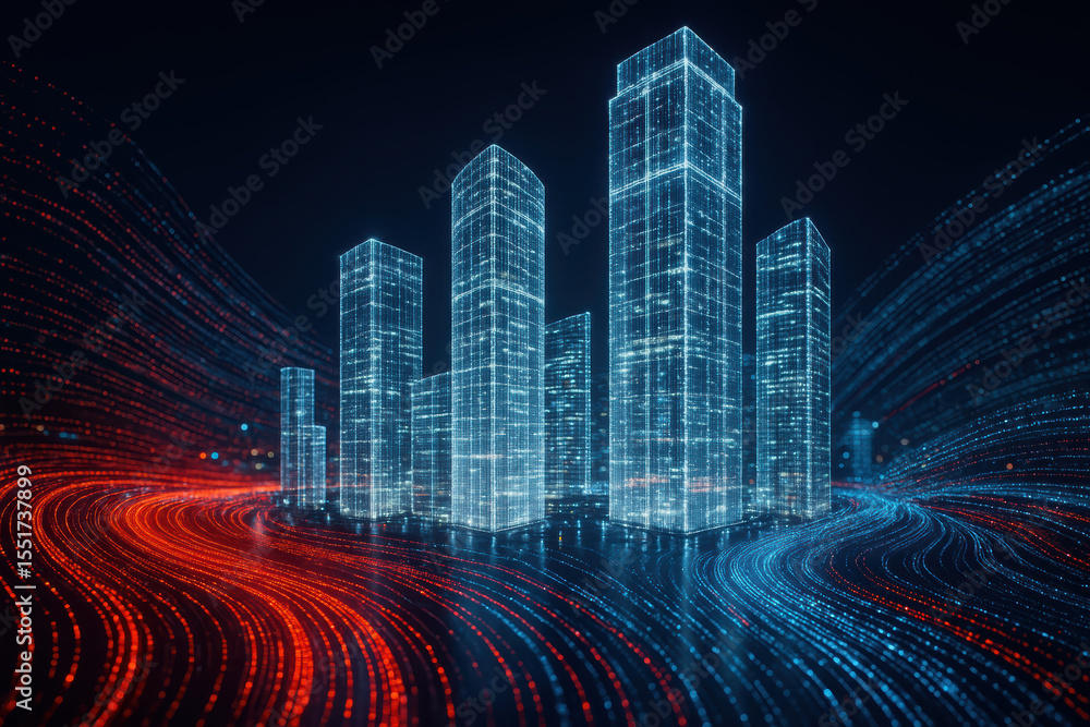 Poster this futuristic financial hub illustrates the dynamic digital streams and light points surrounding t
