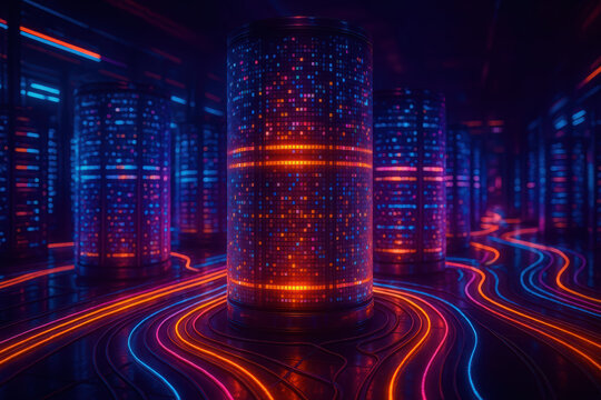 Innovation fuels progress as glowing cylinders represent dynamic data within a vibrant server farm driving digital transformation - Powered by Adobe