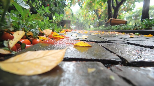 Gutter lined with bright red tomato residue and juice flowing along wet stone path after energetic street food fight