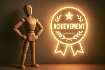 A wooden mannequin stands confidently beside a glowing badge that symbolizes accomplishment and pride reflecting success and recognition