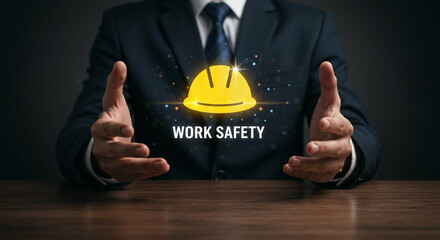 Man in suit protecting work safety symbol with hands