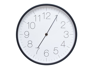 Simple wall clock with black frame and white face displaying 07:05 or 19:05. Ideal for time,...