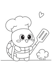Coloring book turtle dressed as a chef with a toque and spatula